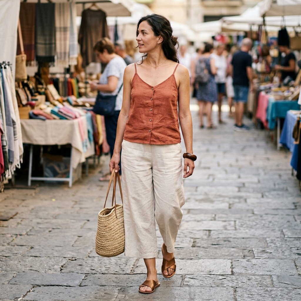 Terracotta Button-Front Cami + Cream Linen Culottes + Bronze Slides