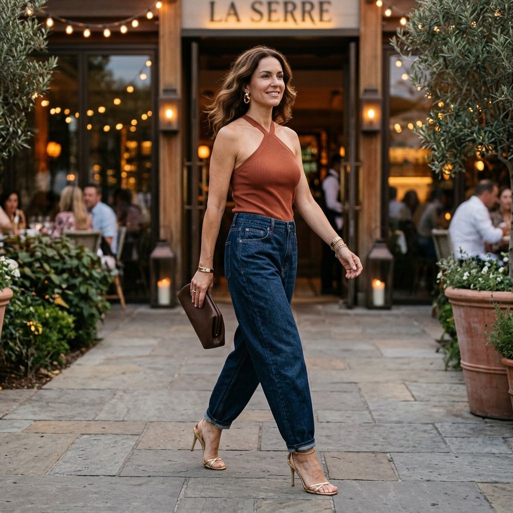 Terracotta Halter Knit + Dark Baggy Denim + Gold Sandals