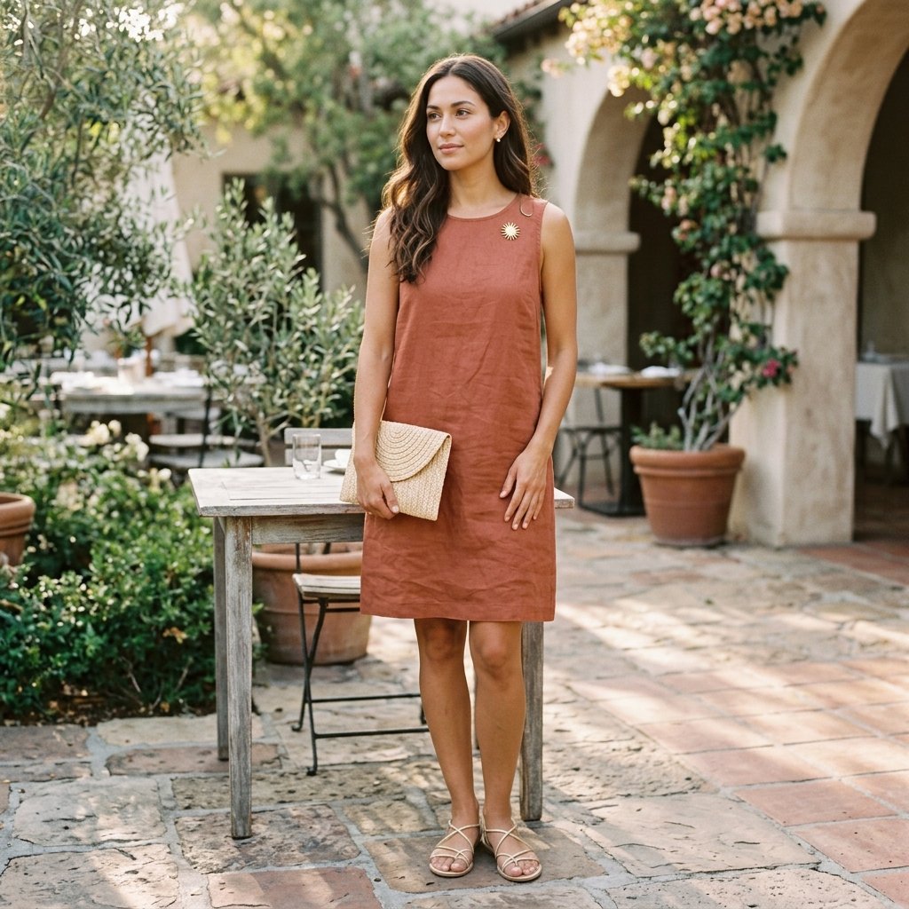 Terracotta Linen Dress, Sandals, and Sunburst Brooch