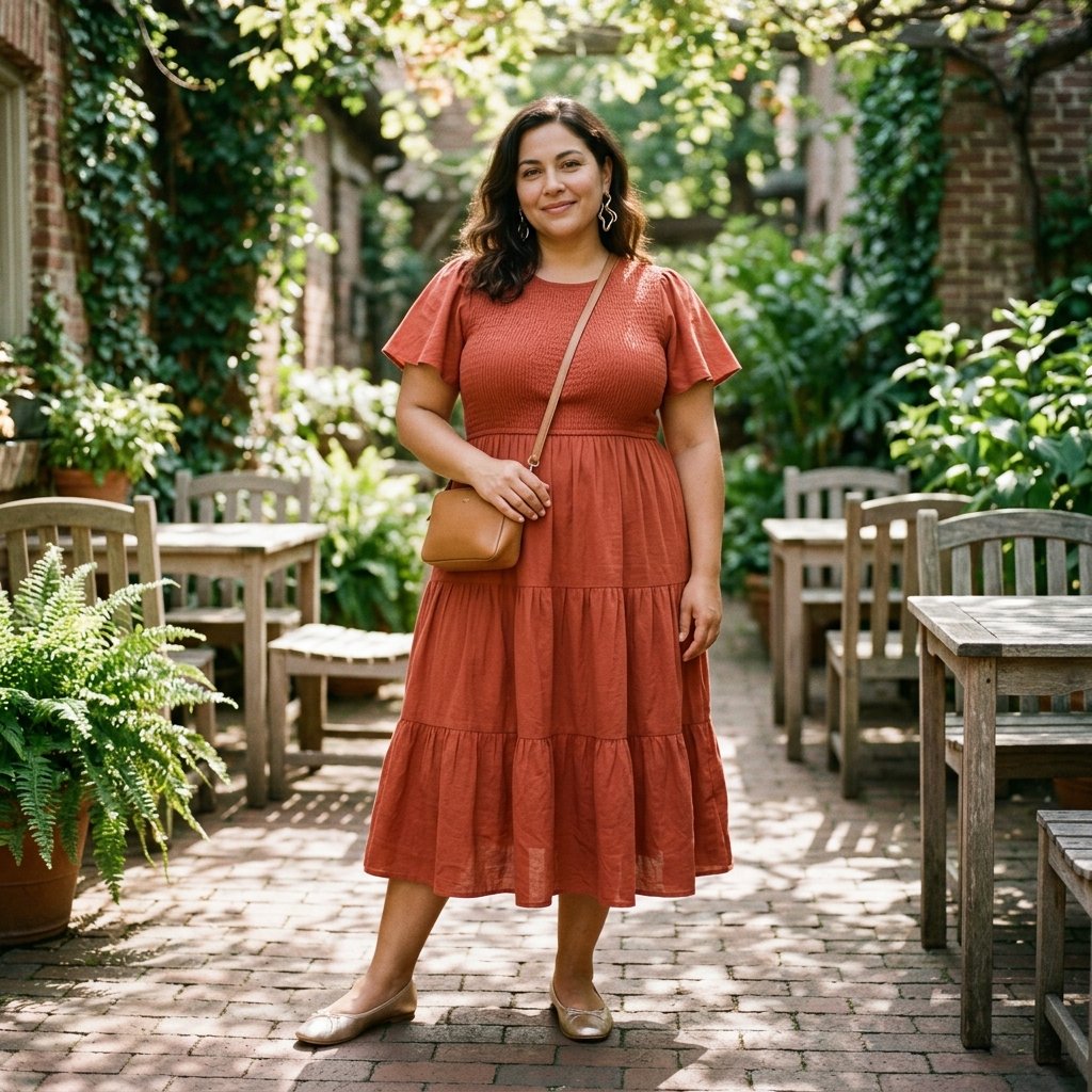 Terracotta Smocked Midi Dress With Metallic Flats