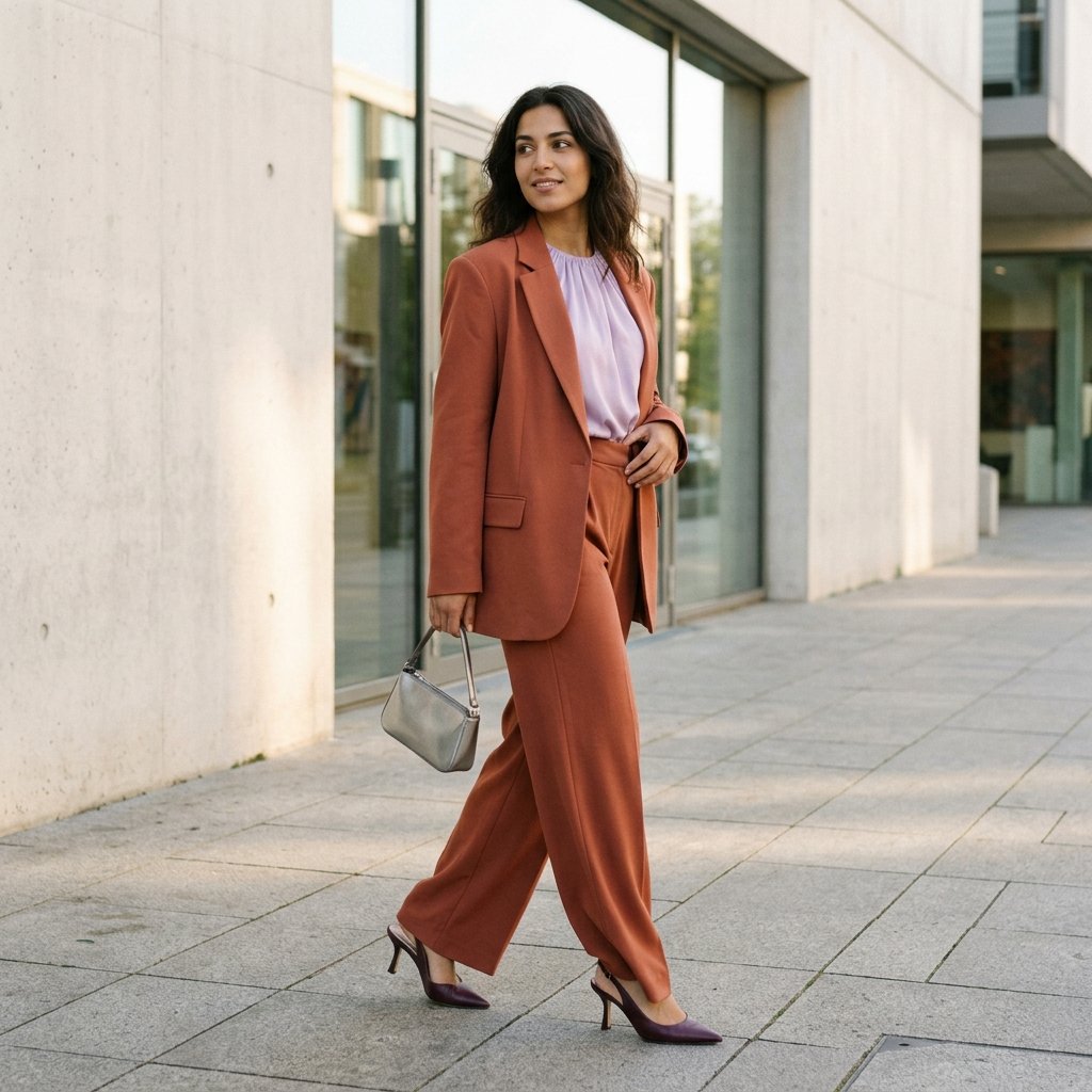 Terracotta Wide-Leg Suit With a Powder Lilac Blouse