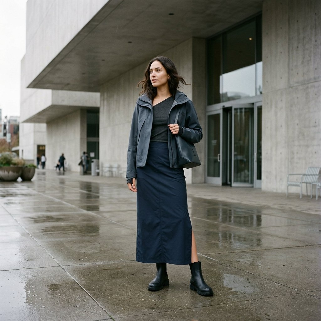 The Art-Gallery Look with an Asymmetric Top and Rainproof Maxi Skirt