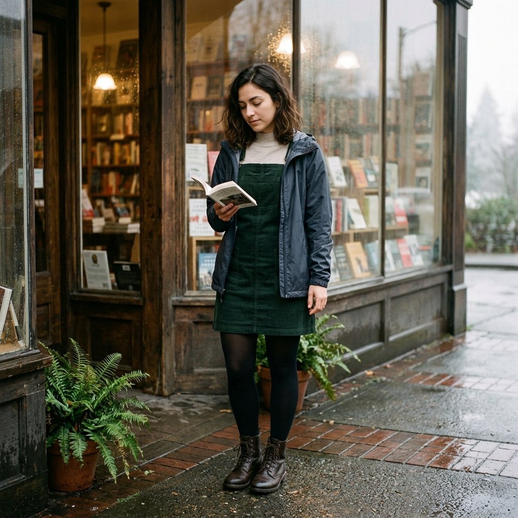 The Bookstore Afternoon with a Corduroy Pinafore and Rain Shell