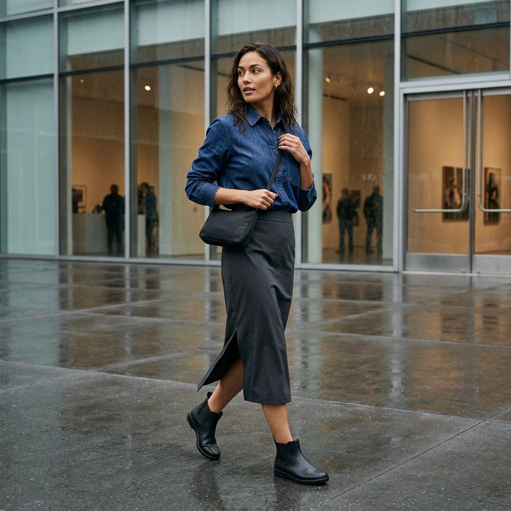 The Downtown Denim Shirt with a Waterproof Midi Skirt