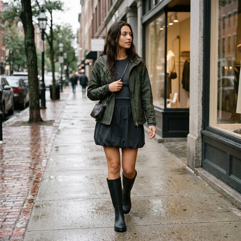 The Effortless Weekend Look with a Bubble-Hem Skirt and Rain Jacket