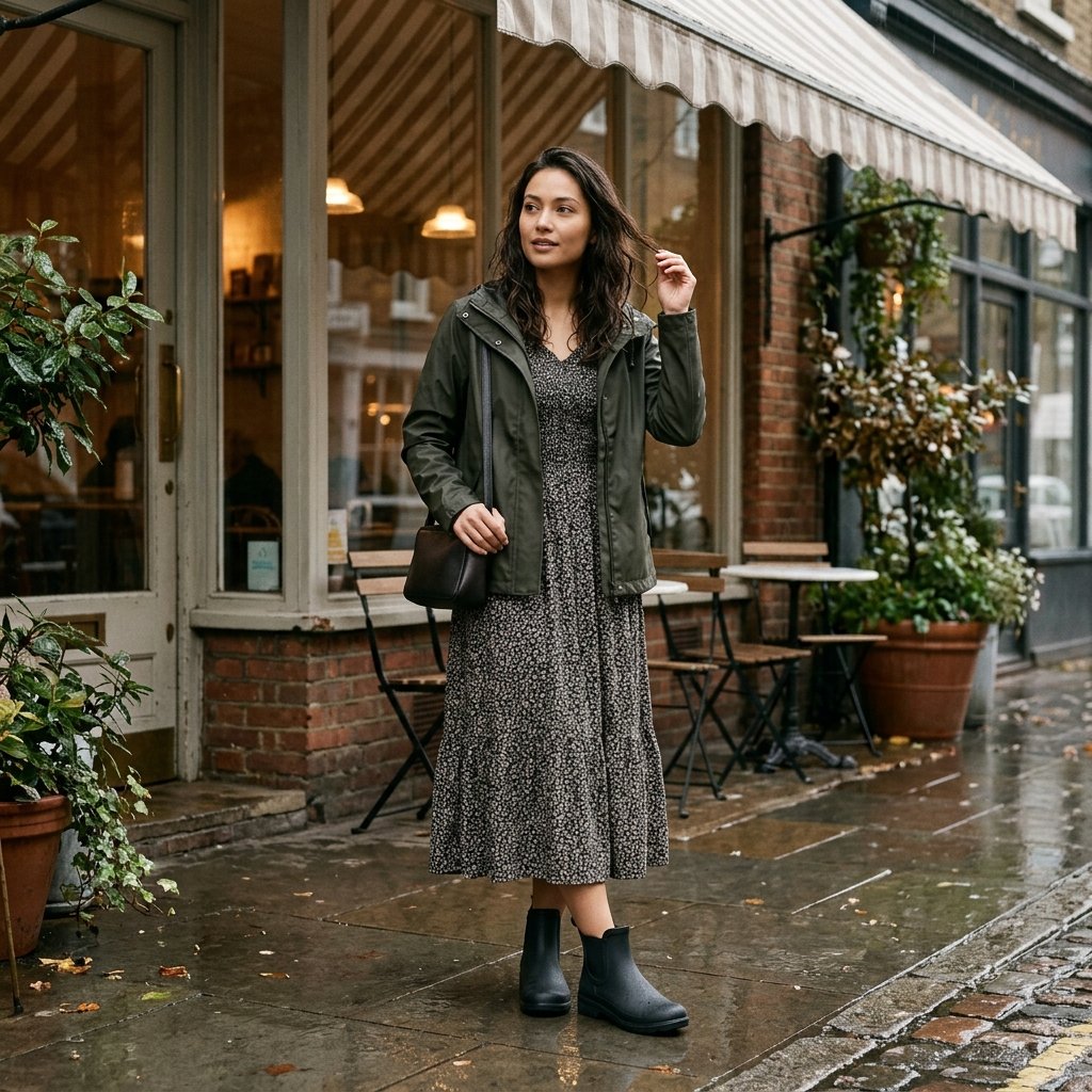 The Rainy Brunch Look with a Smocked Midi Dress