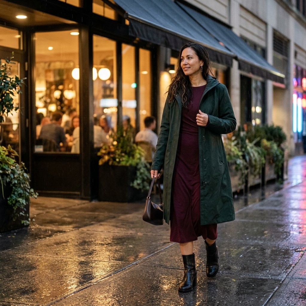 The Rainy Date-Night Look with a Draped Jersey Dress