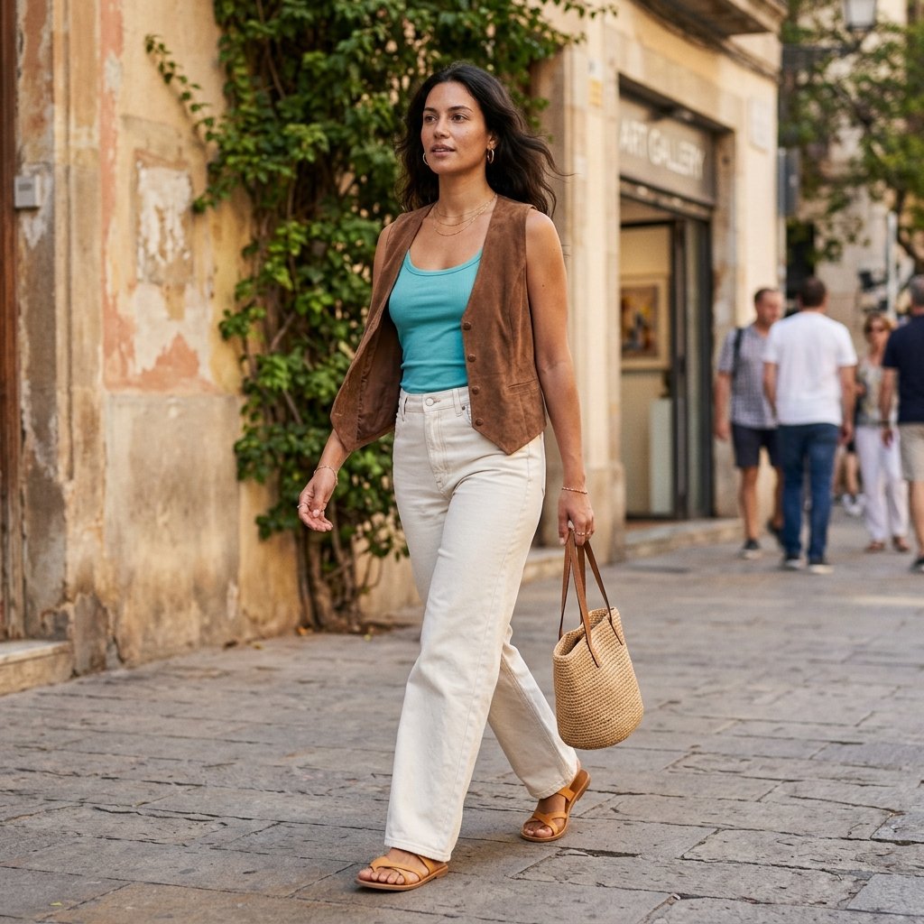Turquoise Cami + Mocha Suede Vest + Off-White Wide-Leg Jeans