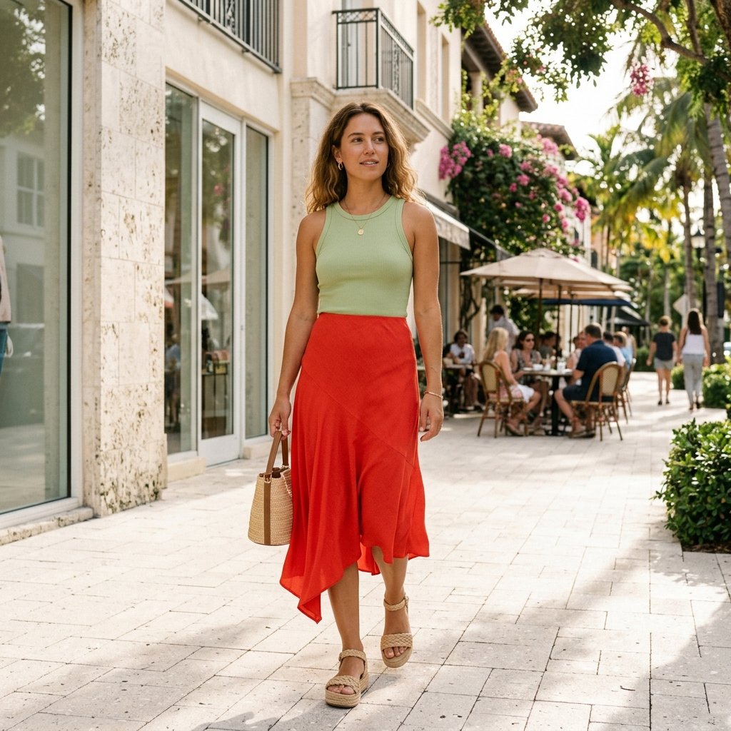 Vermilion Asymmetric Skirt with a Pistachio Tank