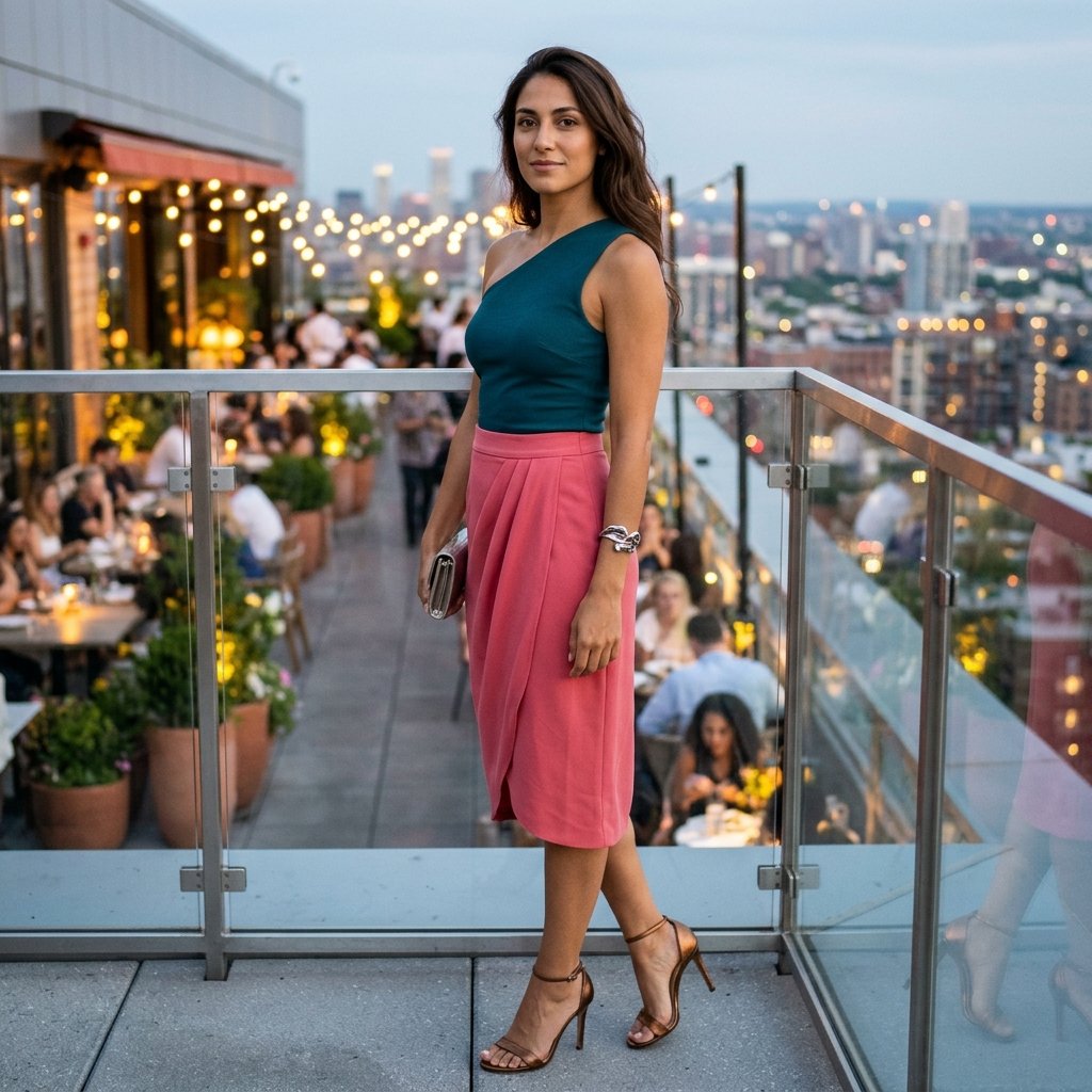 Watermelon Pink Skirt with Teal One-Shoulder Top