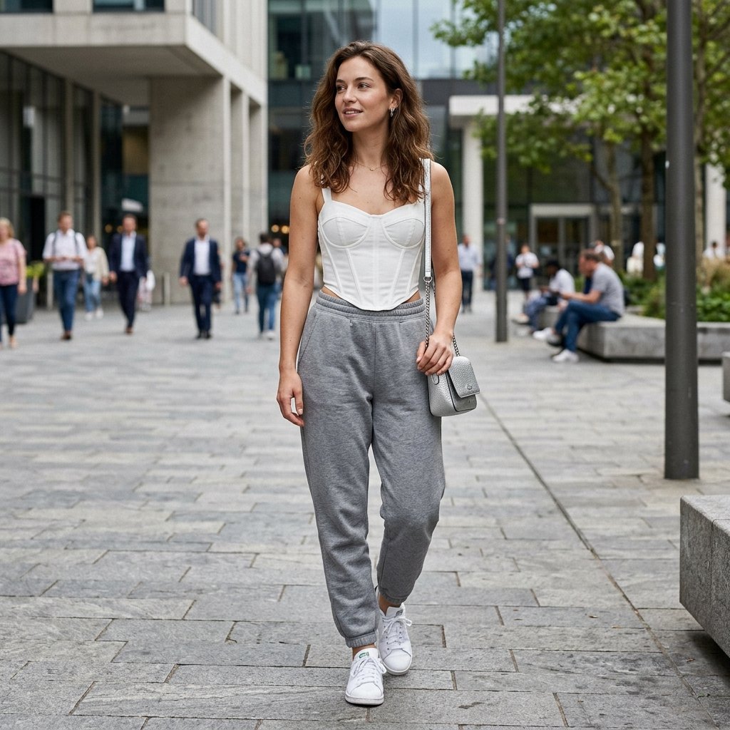 White Corset Top + Gray Sweatpants + Metallic Bag