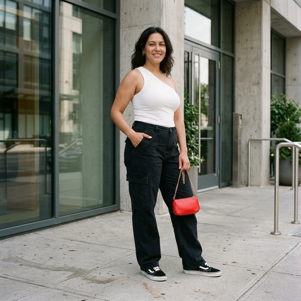 White One-Shoulder Top + Black Cargo Jeans + Red Handbag