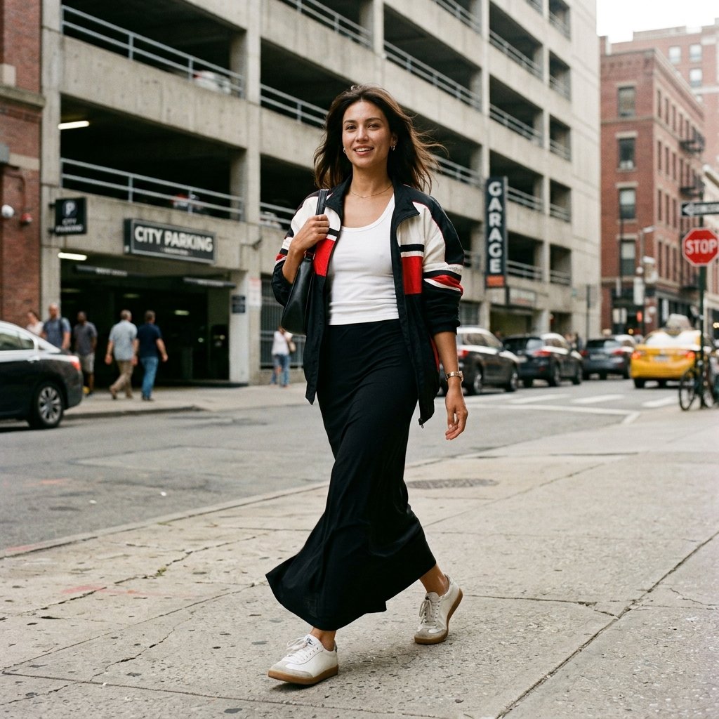 White Tank + Black Maxi Skirt + Oversized Racing Jacket