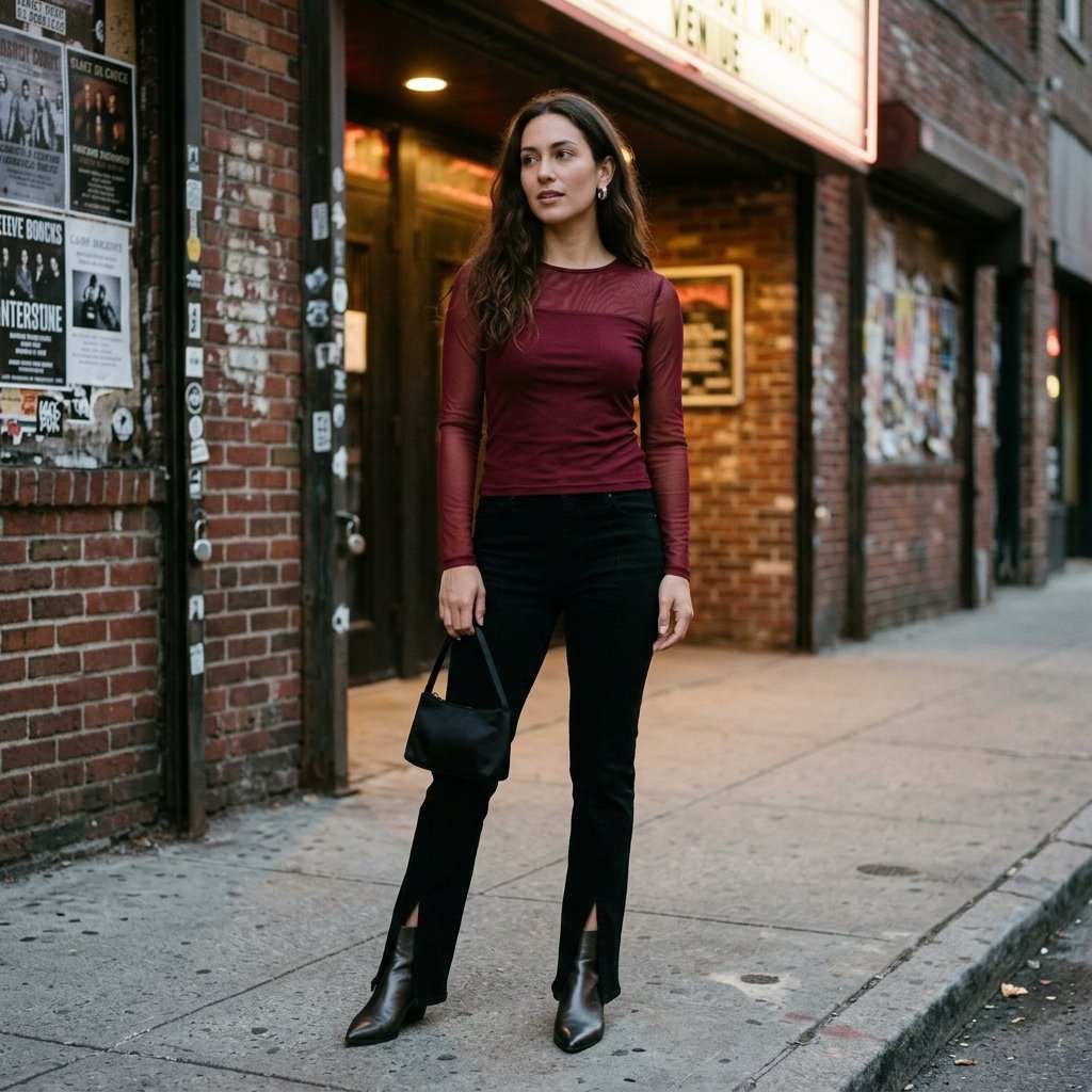 Wine Red Mesh-Layered Top + Black Split-Hem Jeans