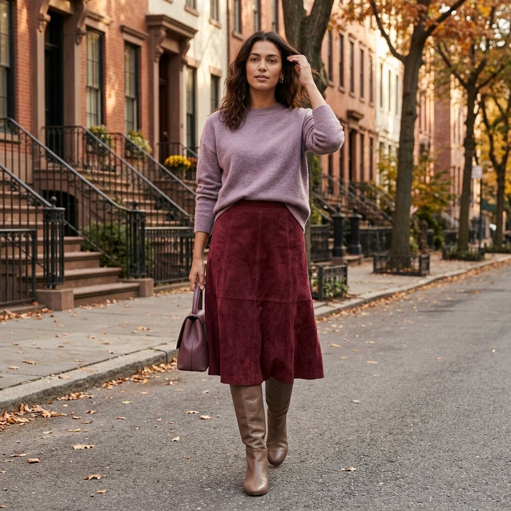 Wine Red Suede Skirt with a Dusty Lavender Sweater