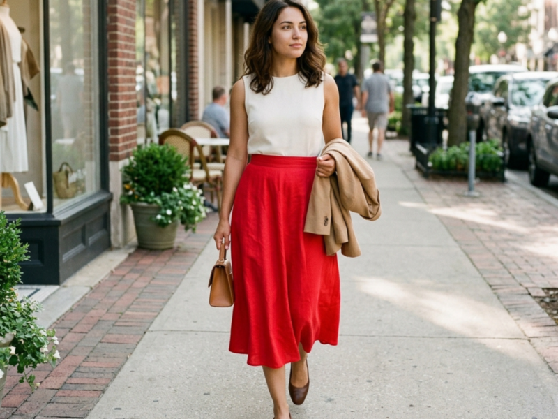 red skirt outfit ideas